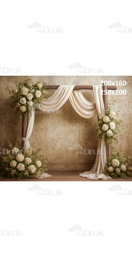 Tło fotograficzne z elegancką kwiatową altaną i beżową draperią | E549